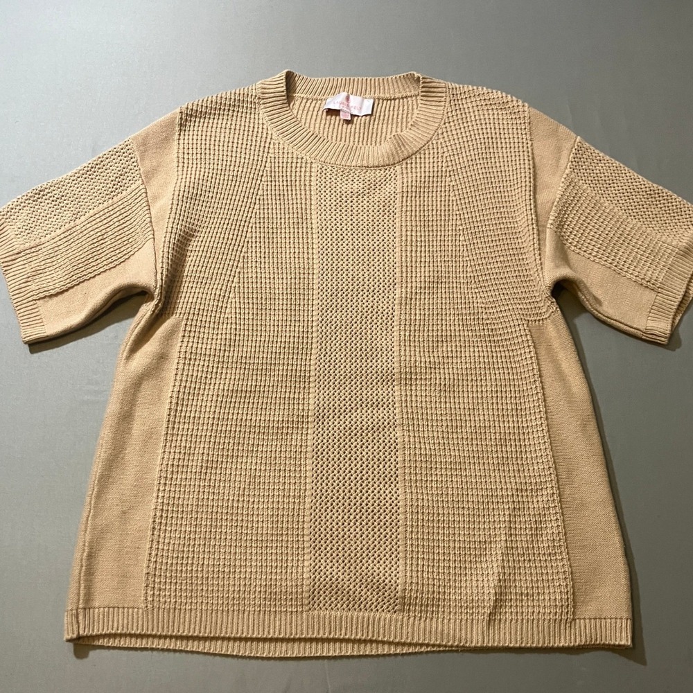 Laurie Felt Tan Knit Short Sleeve Sweater Top Size Small Textured Mesh